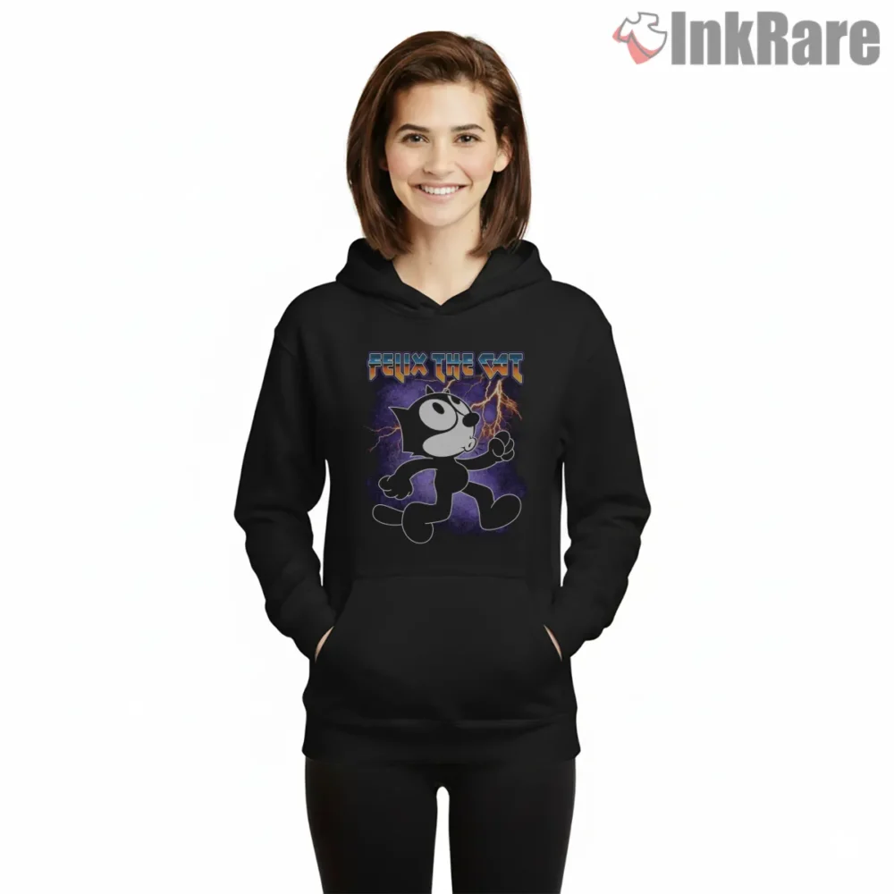 Felix The Cat Metal Lightning Meme Shirt on black hoodie for women graphic tee