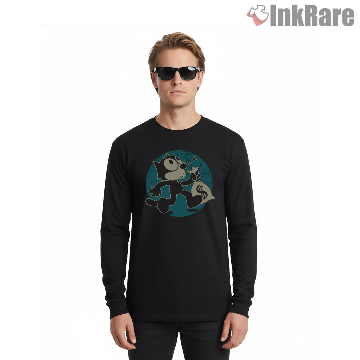 Felix The Cat Money Bag Retro Walk Shirt on black long sleeve shirt for men graphic tee