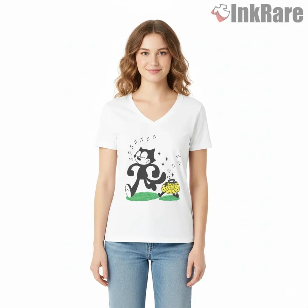 Felix The Cat Music Suitcase Walking Tour Shirt on white v-neck shirt for women graphic tee