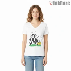 Felix The Cat Music Suitcase Walking Tour Shirt on white v-neck shirt for women graphic tee