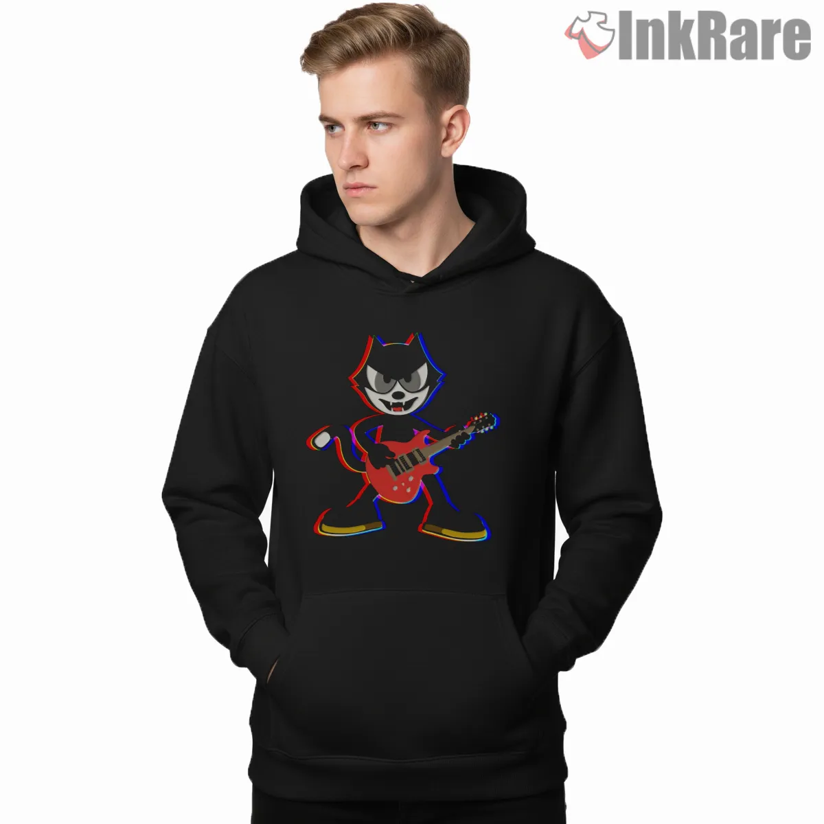 Felix The Cat Neon Glitch Guitar Shirt on black hoodie for men graphic tee