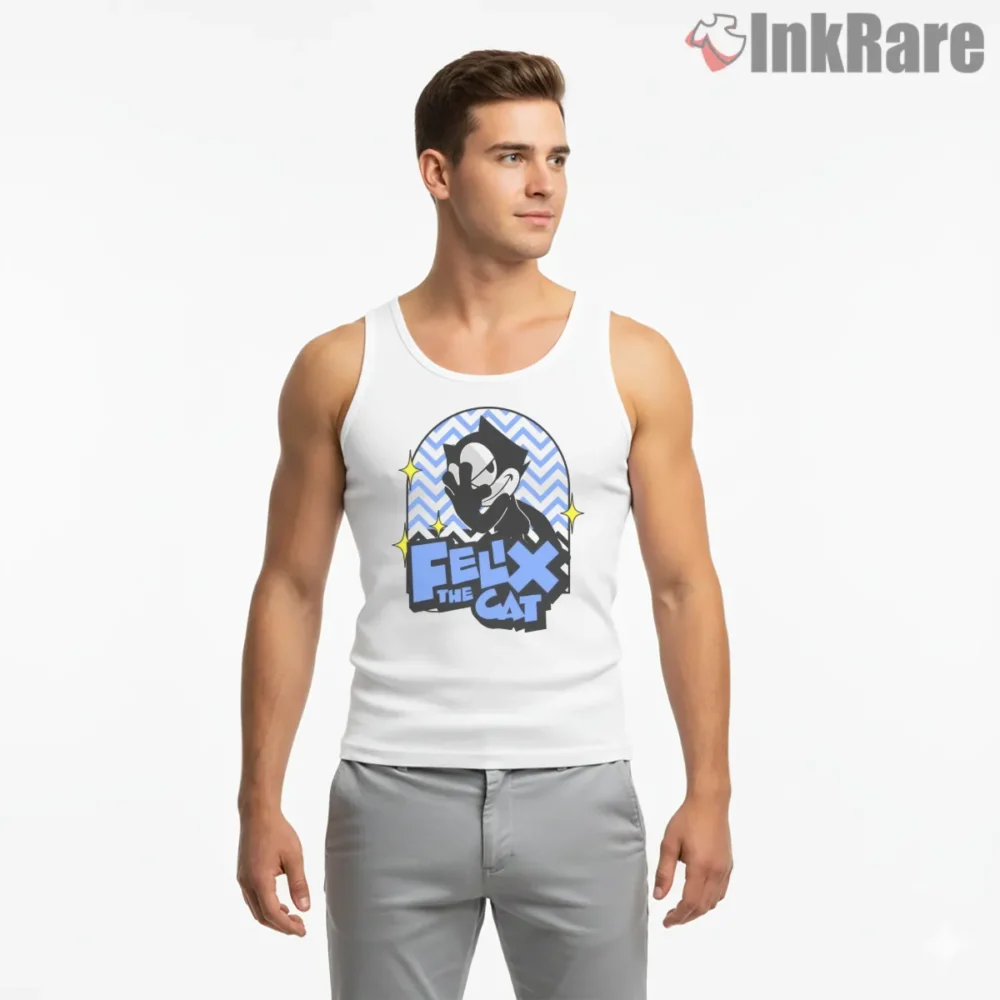 Felix The Cat Neon Halo Street Art Shirt on white tank top for men graphic tee