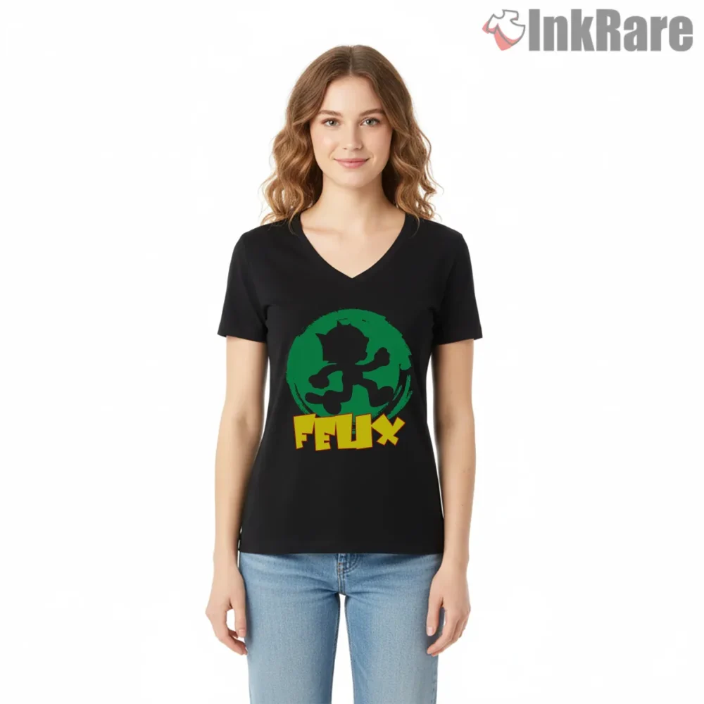 Felix The Cat Neon Silhouette Street Art Shirt on black v-neck shirt for women graphic tee