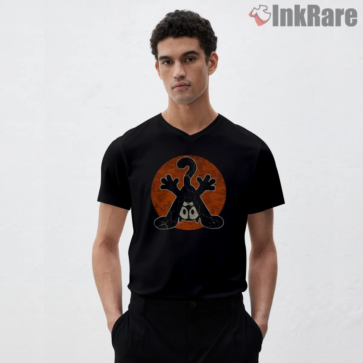 Felix The Cat Nineties Slam Pose Shirt on black v-neck shirt for men graphic tee