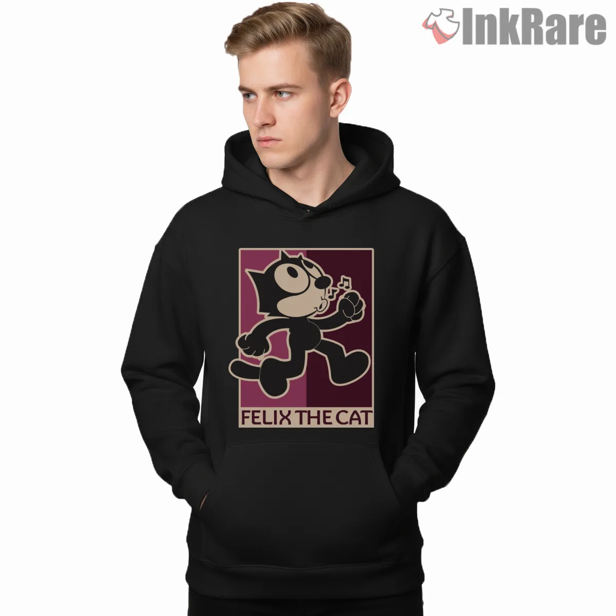 Felix The Cat Pink Retro Stroll Shirt on black hoodie for men graphic tee