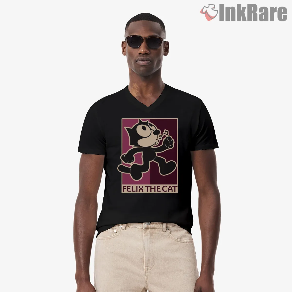 Felix The Cat Pink Retro Stroll V Neck Black Felix The Cat Pink Retro Stroll Shirt on black v-neck shirt for men graphic tee