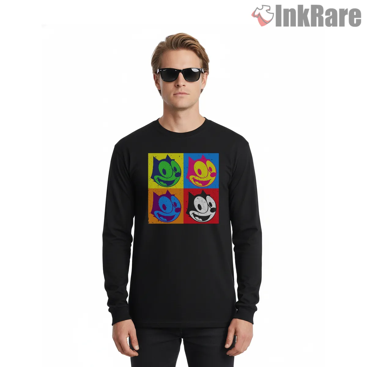 Felix The Cat Pop Art Color Blocks Long Sleeve Black Felix The Cat Pop Art Color Blocks Shirt on black long sleeve shirt for men graphic tee