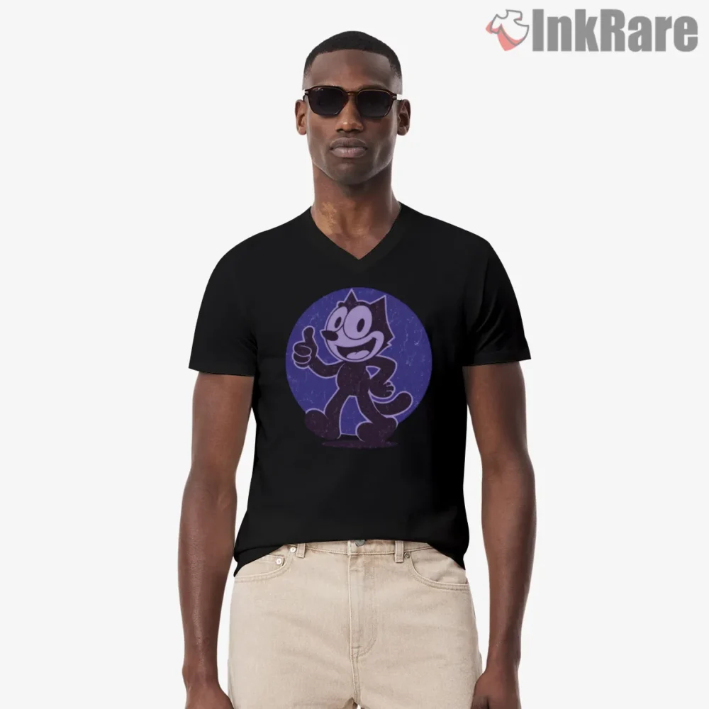Felix The Cat Purple Thumbs Up Shirt on black v-neck shirt for men graphic tee
