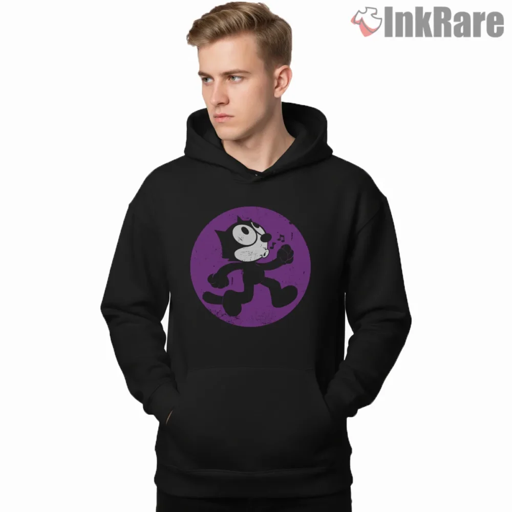 Felix The Cat Purple Whistling Walk Shirt on black hoodie for men graphic tee