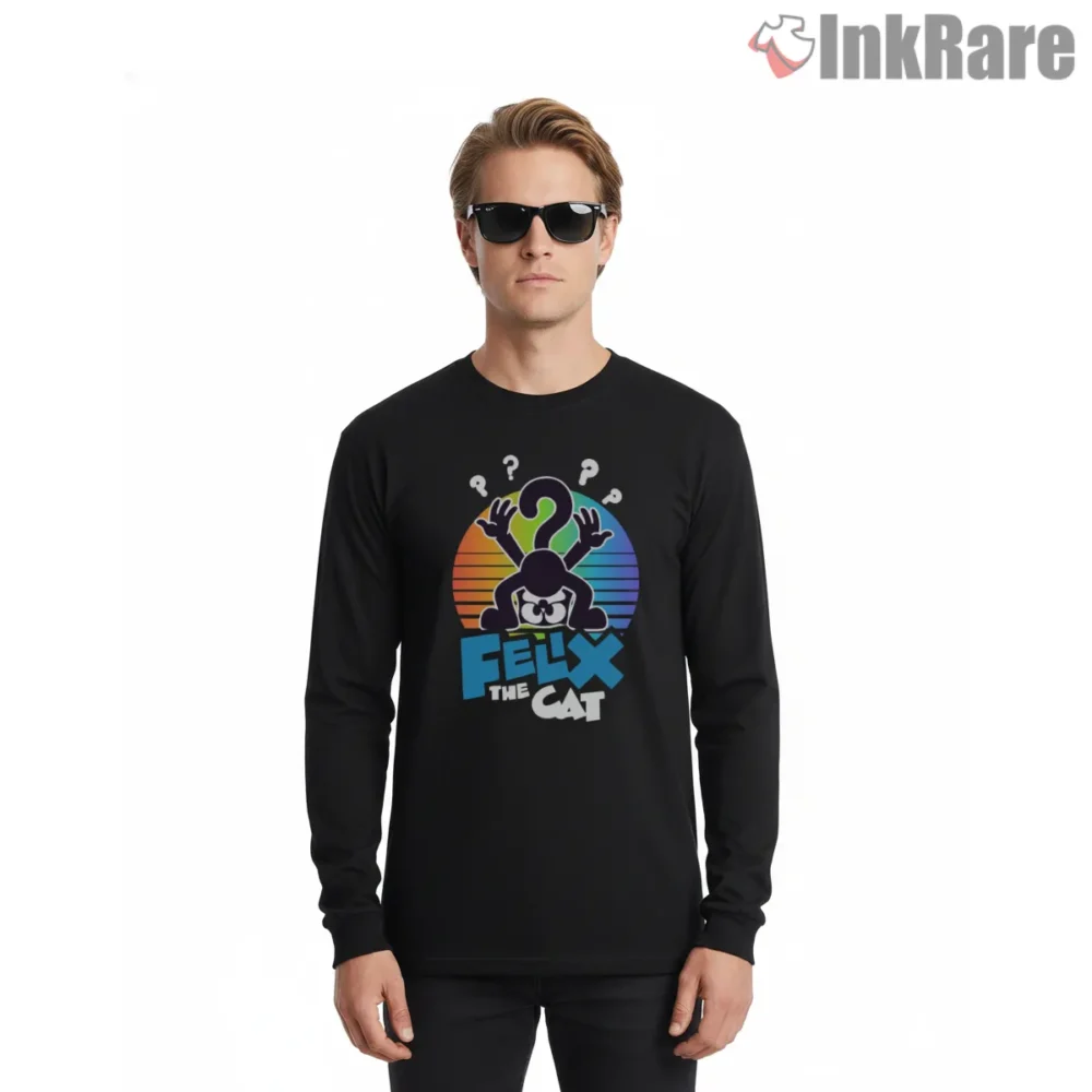 Felix The Cat Rainbow Question Mark Logo Shirt on black long sleeve shirt for men graphic tee