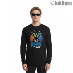 Felix The Cat Rainbow Question Mark Logo Shirt on black long sleeve shirt for men graphic tee