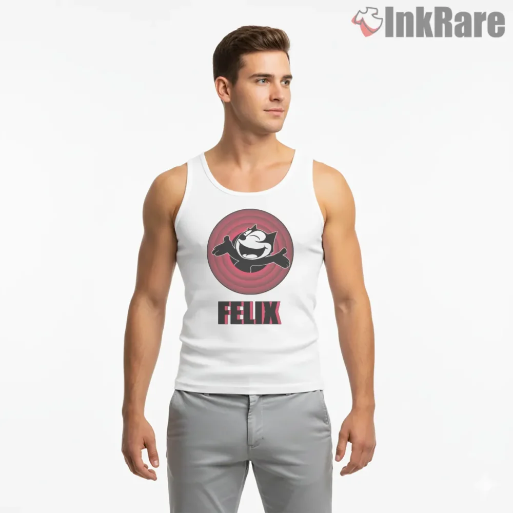 Felix The Cat Red Vintage Circle Welcome Shirt on white tank top for men graphic tee