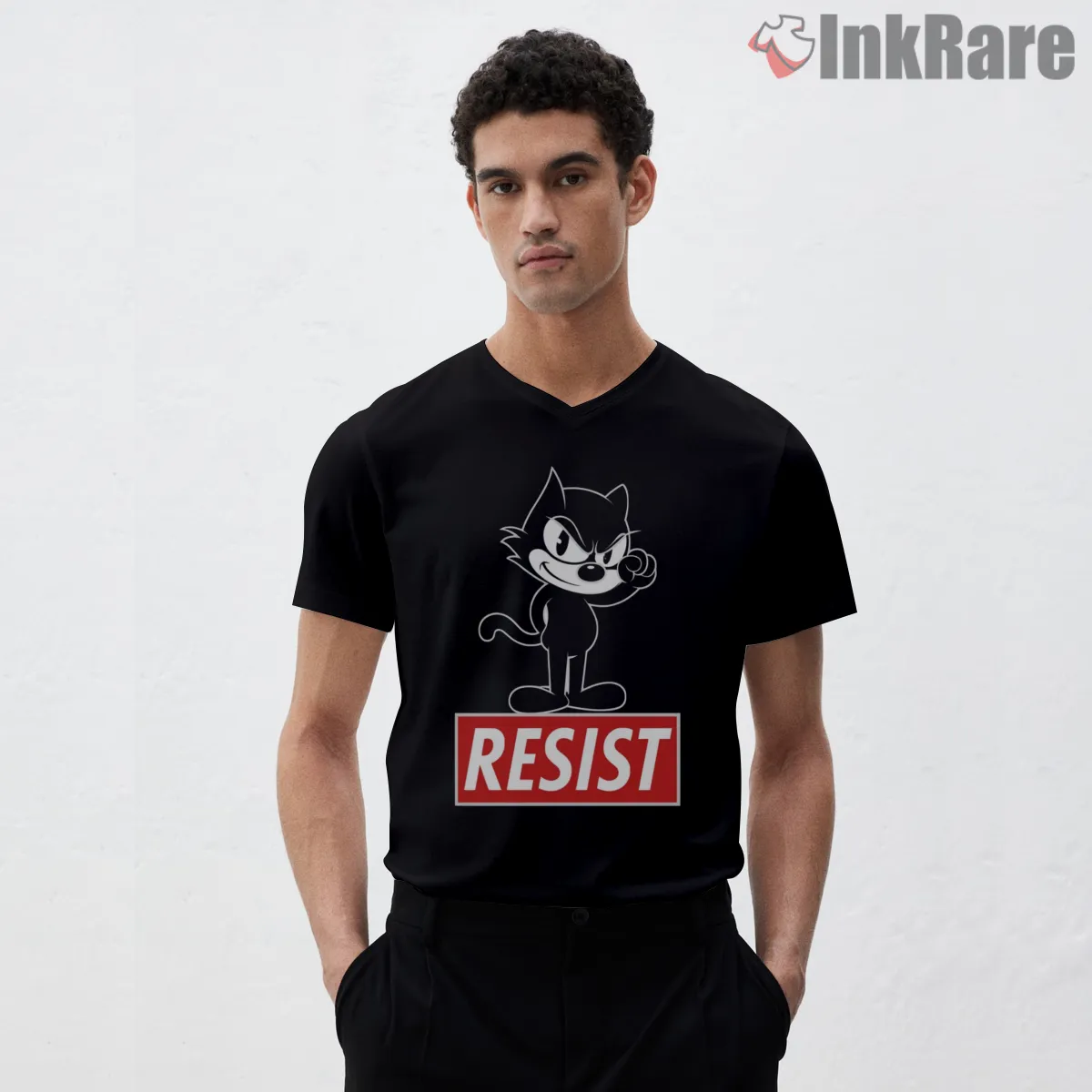 Felix The Cat Resist Justice Protest V Neck Black Felix The Cat Resist Justice Protest Shirt on black v-neck shirt for men graphic tee