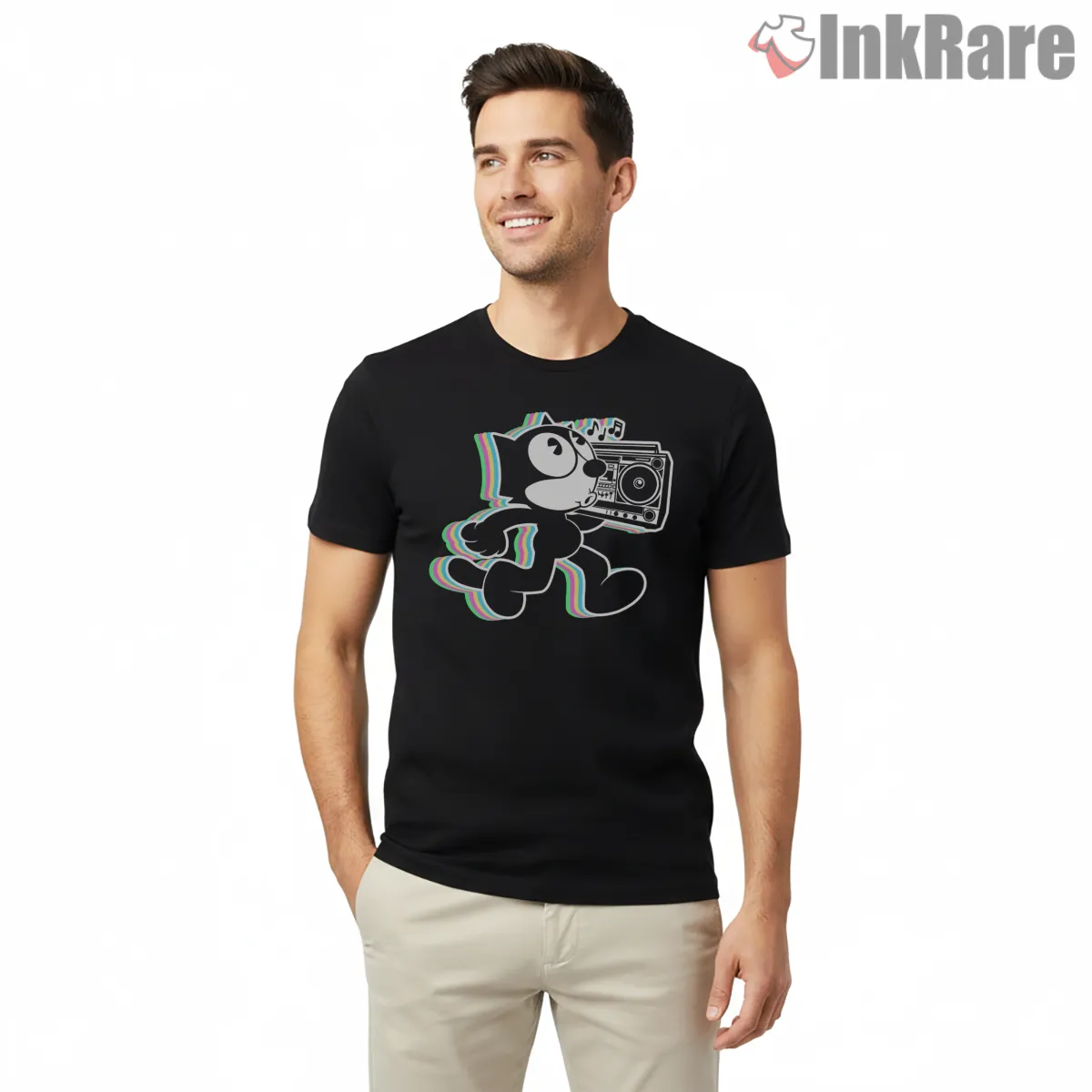 Felix The Cat Retro Boombox Walk Shirt on black short sleeve shirt for men graphic tee