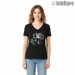 Felix The Cat Retro Boombox Walk Shirt on black v-neck shirt for women graphic tee
