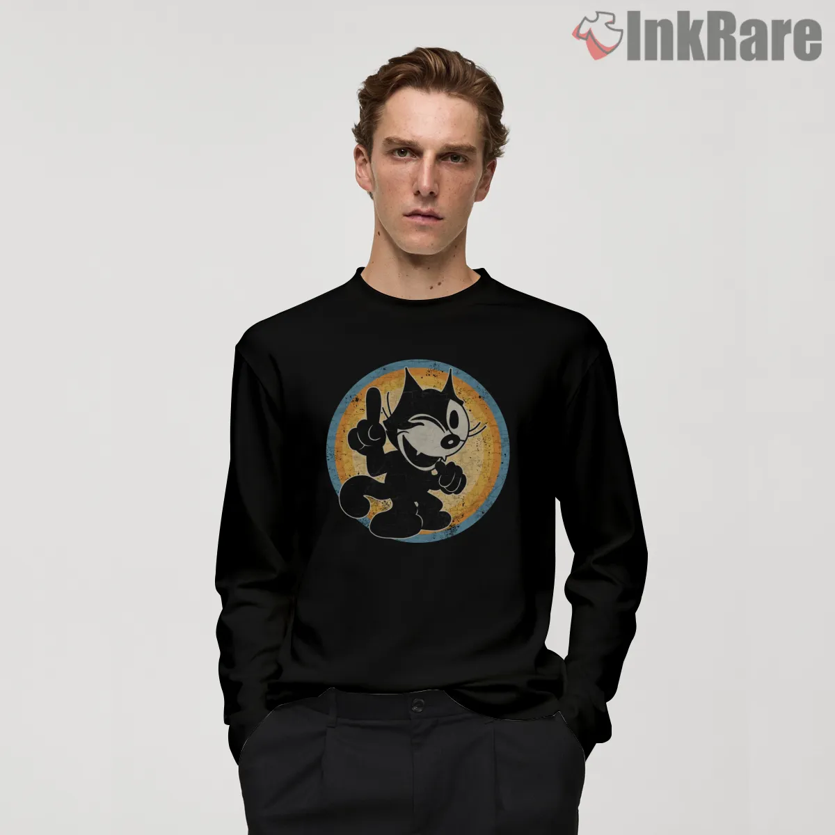 Felix The Cat Retro Circle Pose Shirt on black long sleeve shirt for men graphic tee