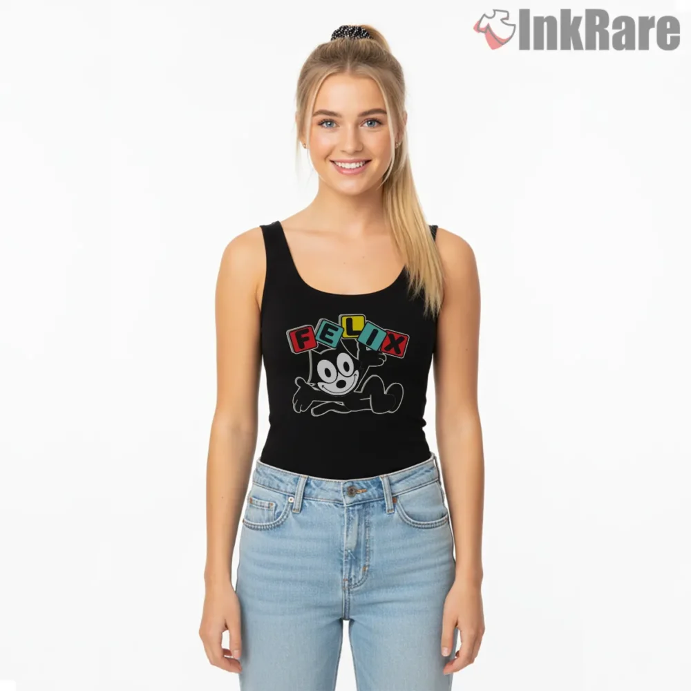 Felix The Cat Retro Future Tv Comics Shirt on black tank top for women graphic tee