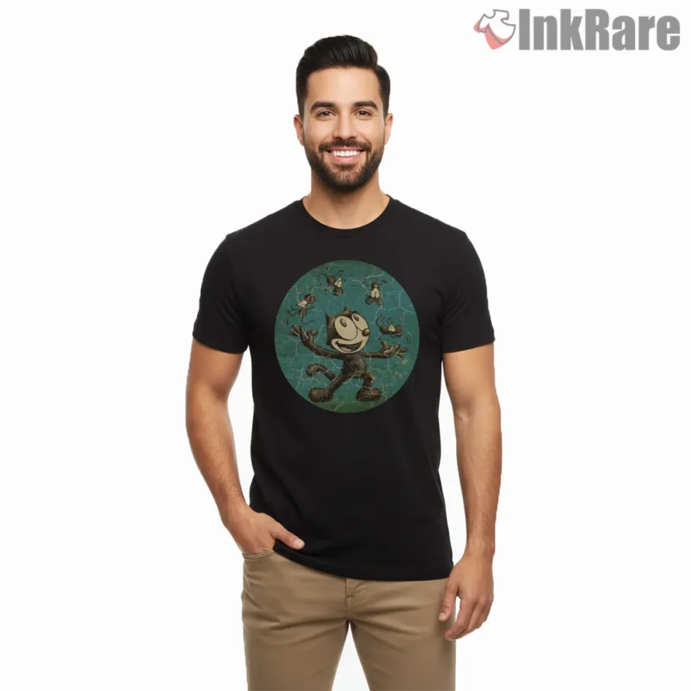 Felix The Cat Retro Juggling Chaos Shirt on black short sleeve shirt for men graphic tee