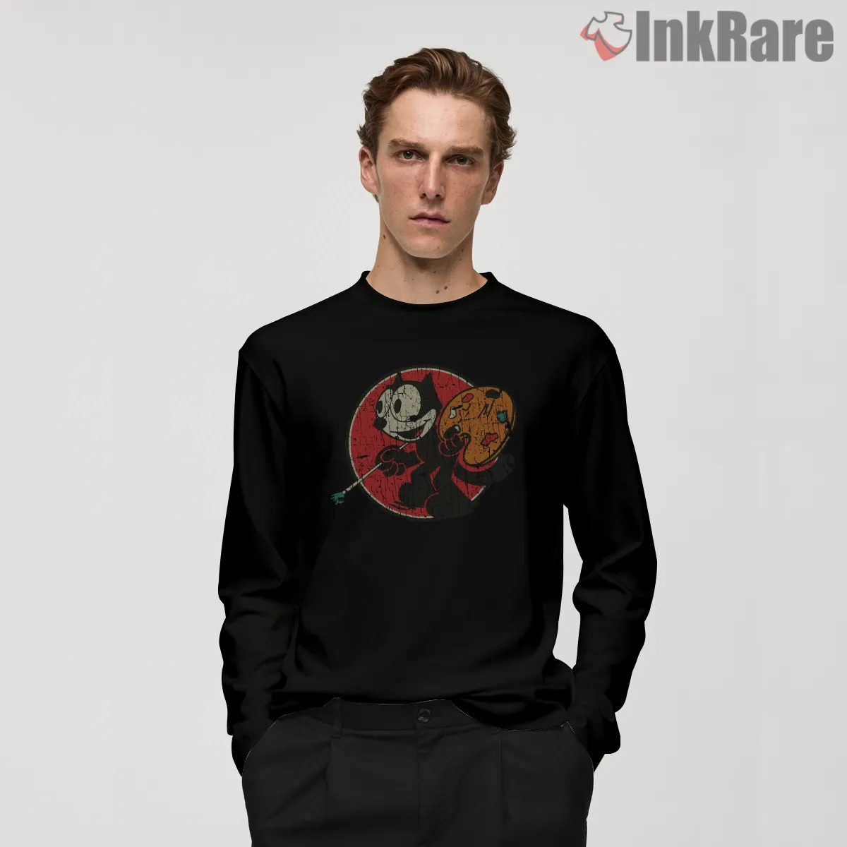 Felix The Cat Retro Painting Artist Shirt on black long sleeve shirt for men graphic tee