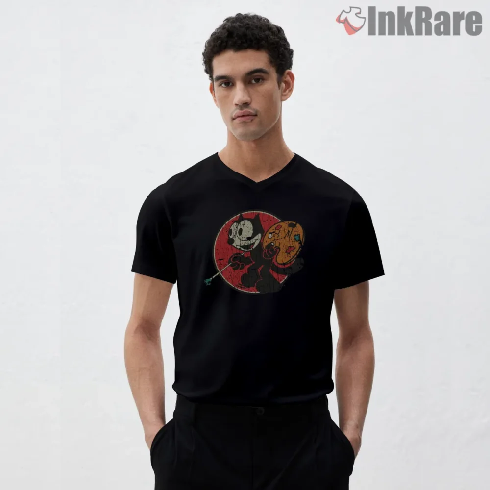 Felix The Cat Retro Painting Artist Shirt on black v-neck shirt for men graphic tee