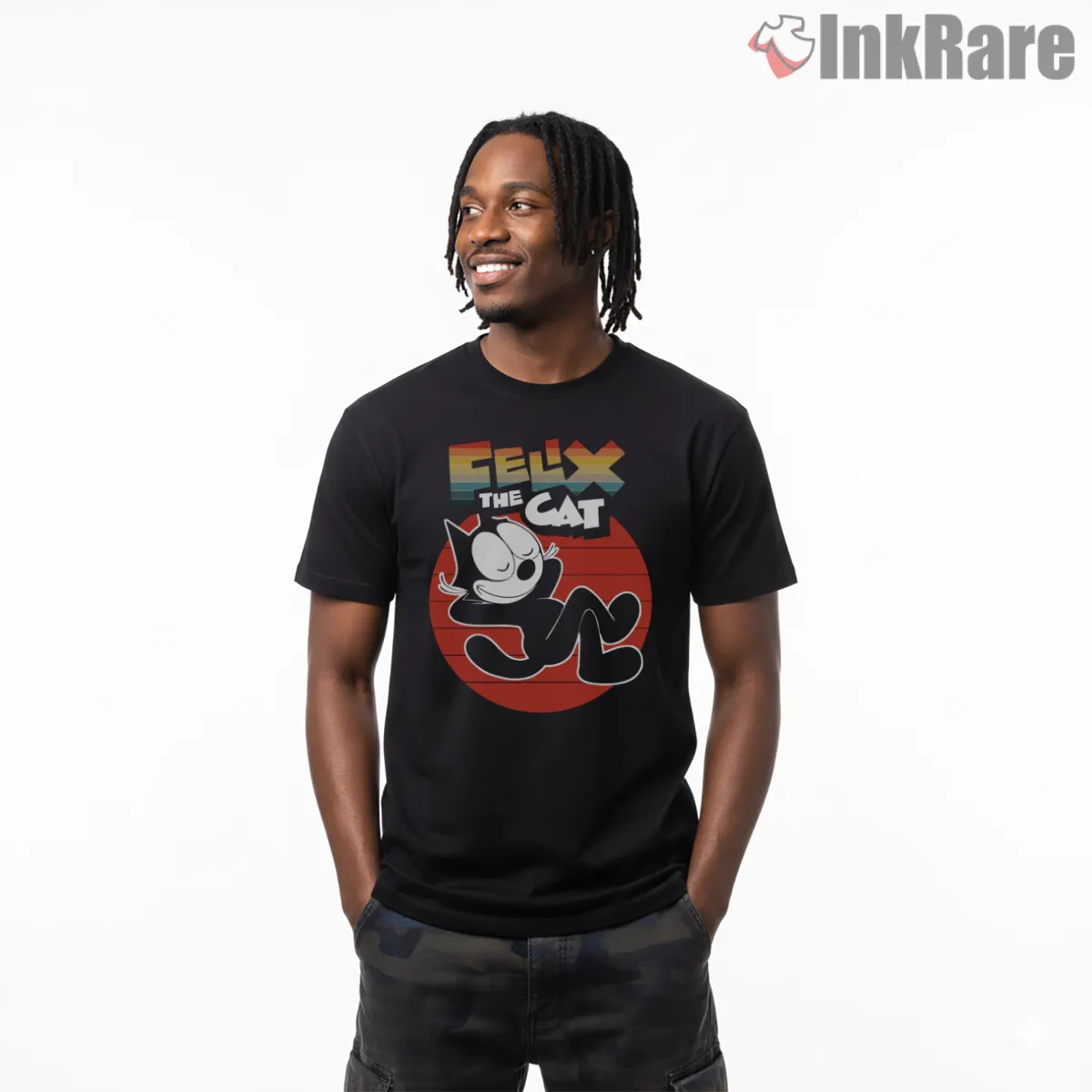 Felix The Cat Retro Sunset Lounge Shirt on black short sleeve shirt for men graphic tee