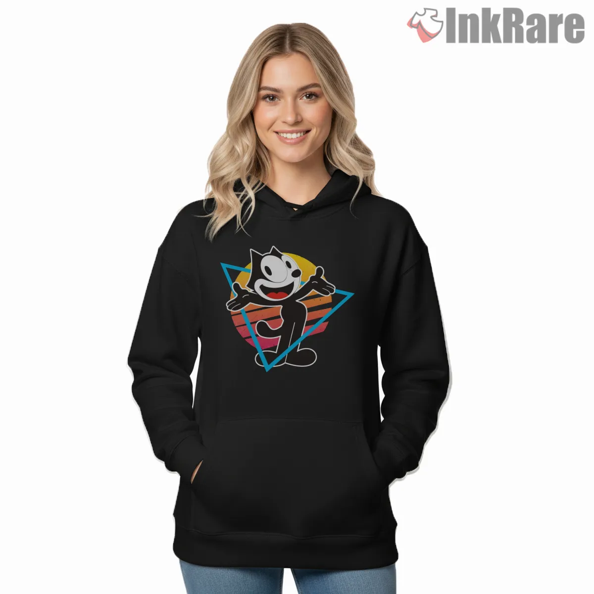 Felix The Cat Retro Sunset Triangle Shirt on black hoodie for women graphic tee