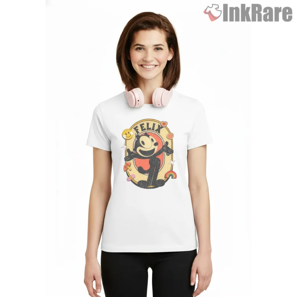 Felix The Cat Retro Surreal Love Frame Shirt on white short sleeve shirt for women graphic tee