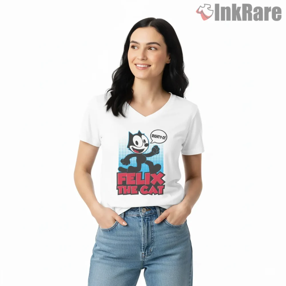 Felix The Cat Righty O Comic Pop Shirt on white v-neck shirt for women graphic tee