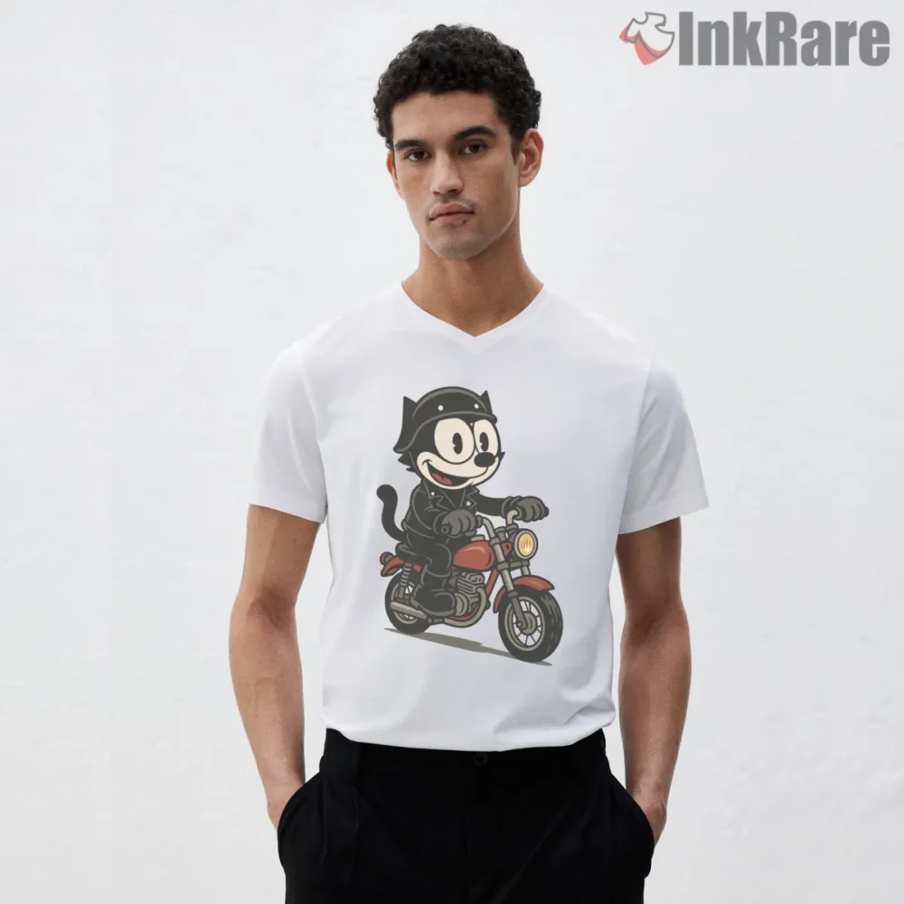 Felix The Cat Road Journey Motorcycle Shirt on white v-neck shirt for men graphic tee