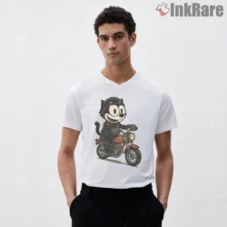 Felix The Cat Road Journey Motorcycle Shirt on white v-neck shirt for men graphic tee
