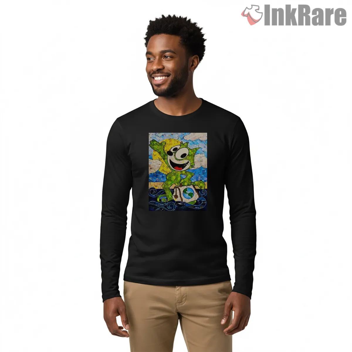 Felix The Cat Saves The Planet Art Shirt on black long sleeve shirt for men graphic tee