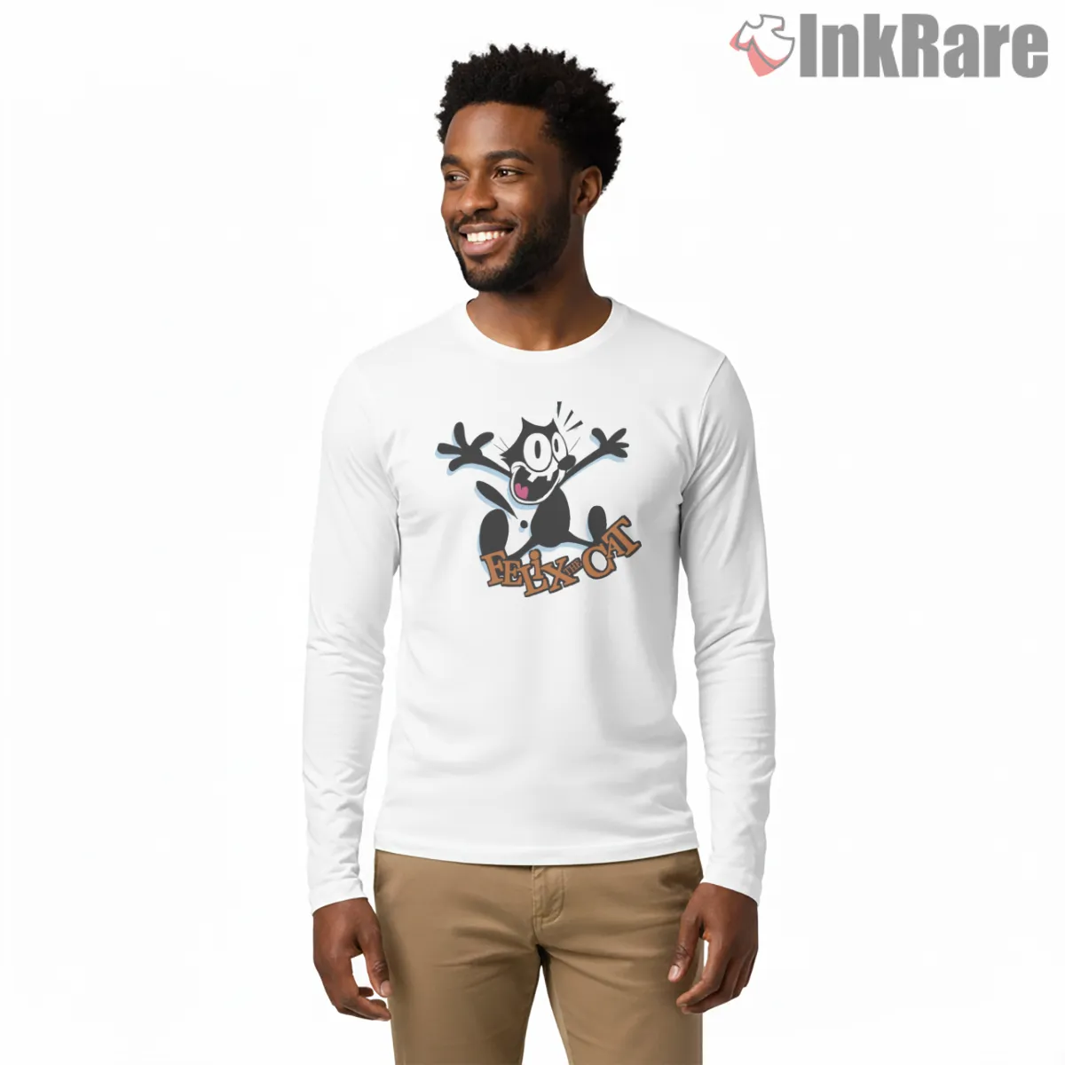 Felix The Cat Shocked Splash Shirt on white long sleeve shirt for men graphic tee