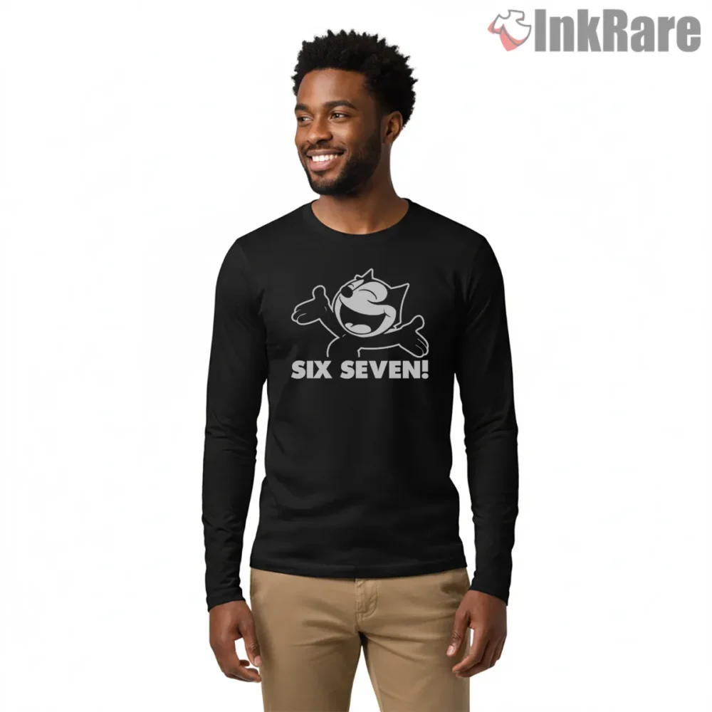 Felix The Cat Six Seven Meme Shirt on black long sleeve shirt for men graphic tee