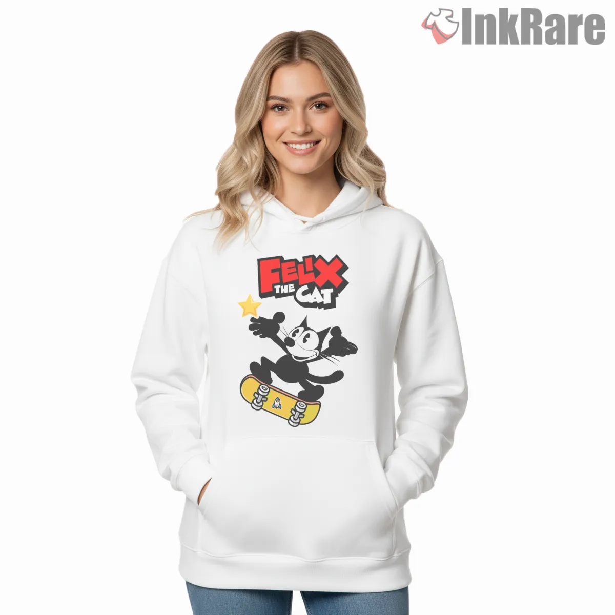 Felix The Cat Skateboard Star Shirt on white hoodie for women graphic tee