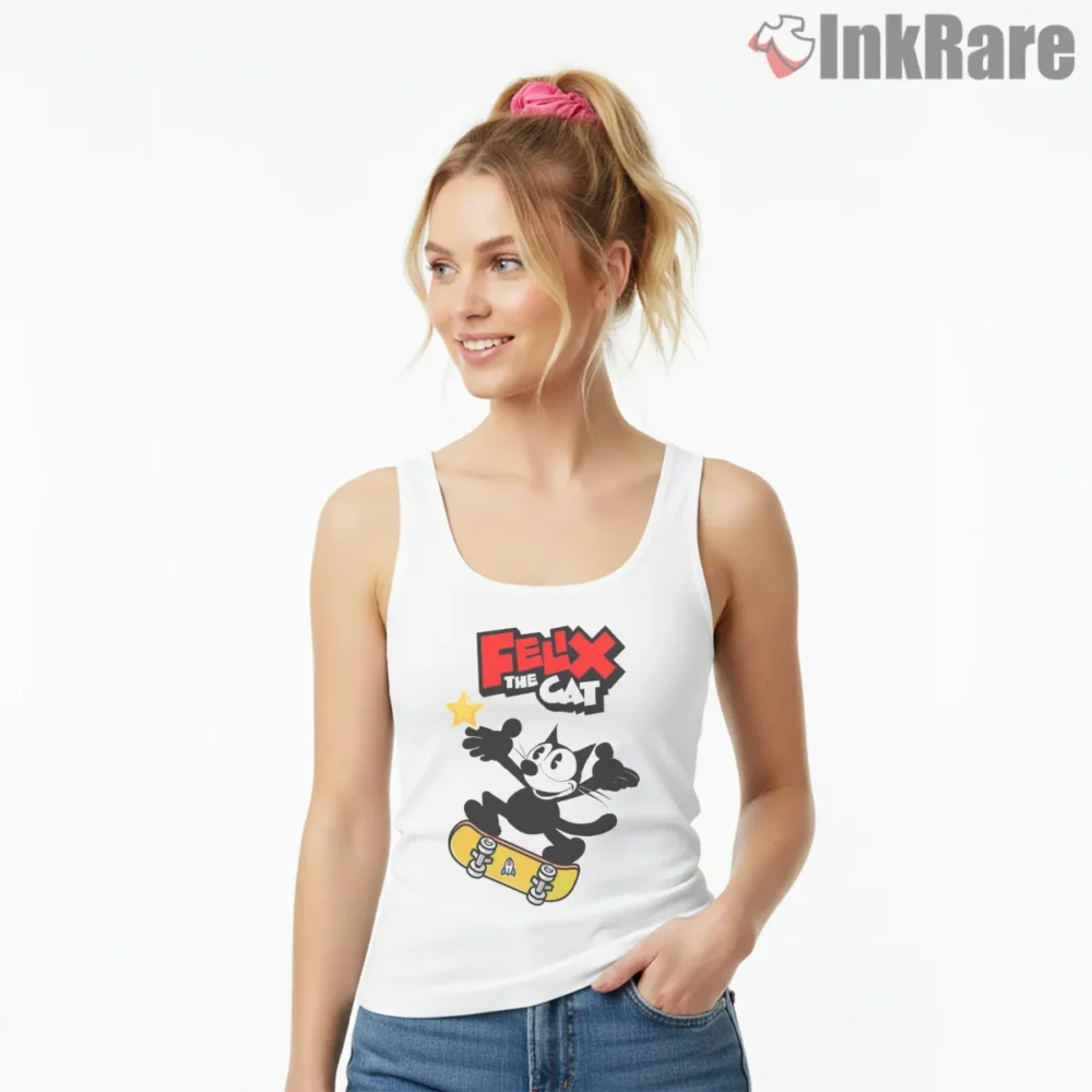 Felix The Cat Skateboard Star Shirt on white tank top for women graphic tee