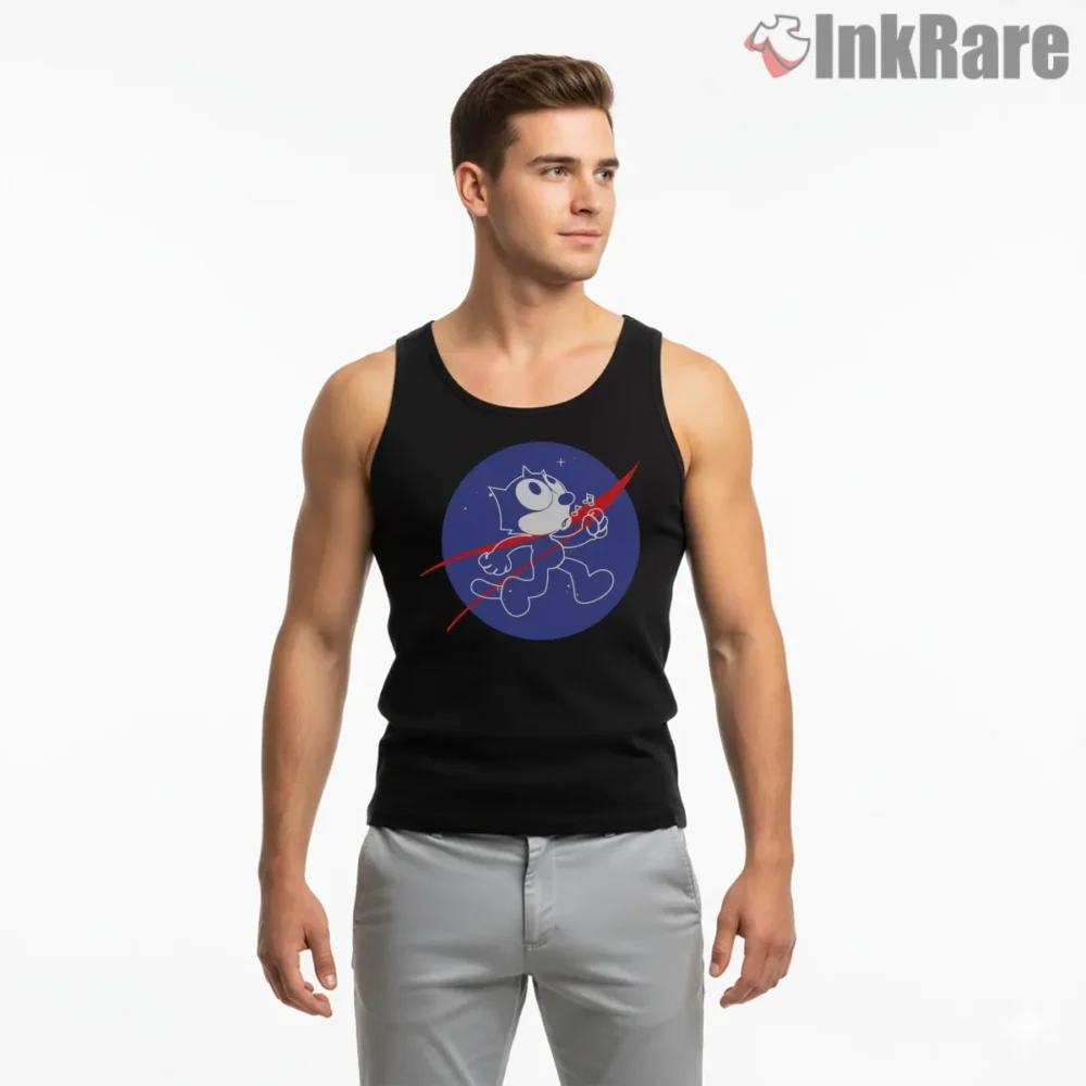 Felix The Cat Space Patch Parody Shirt on black tank top for men graphic tee