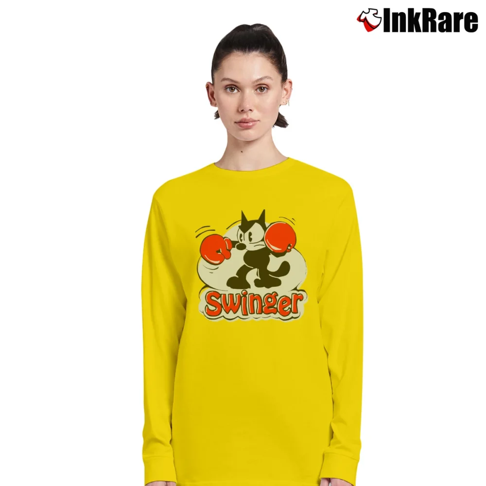 Women’s Felix The Cat Swinger Vintage Cartoon Graphic Long-Sleeve Top in yellow | Sleek, Versatile, All-Season