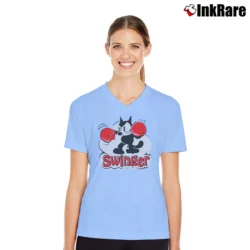 Women’s Felix The Cat Swinger Vintage Cartoon Graphic V-Neck Tee in light blue | Chic Neckline, Soft Texture