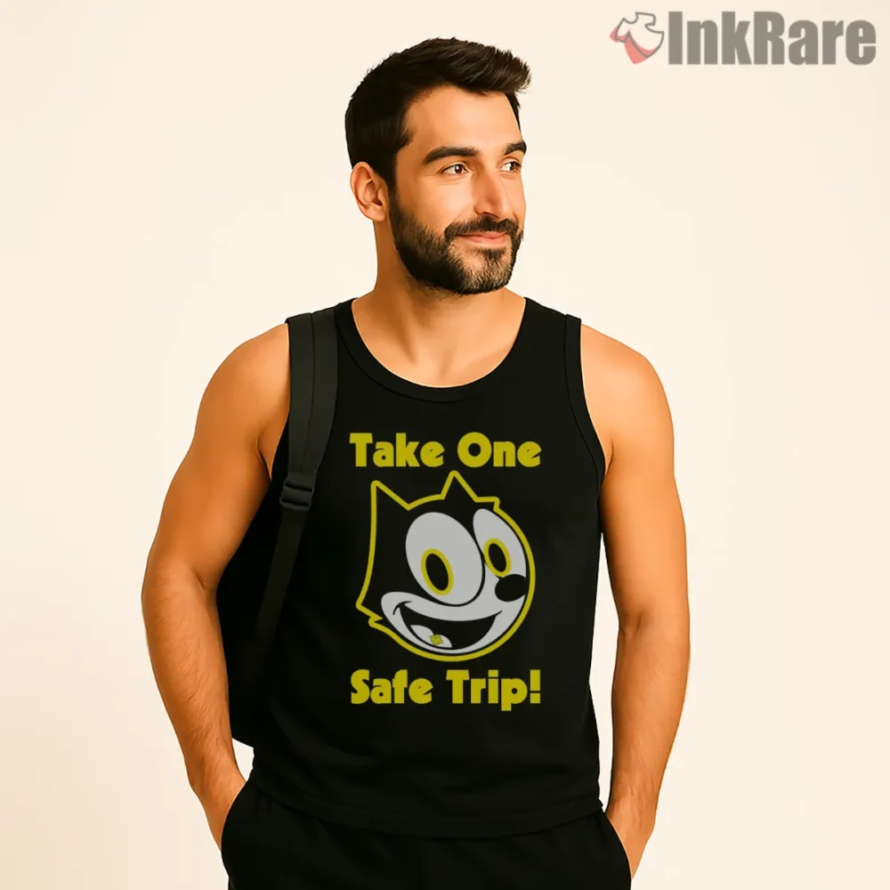 Felix The Cat Take One Safe Trip Shirt on black tank top for men graphic tee