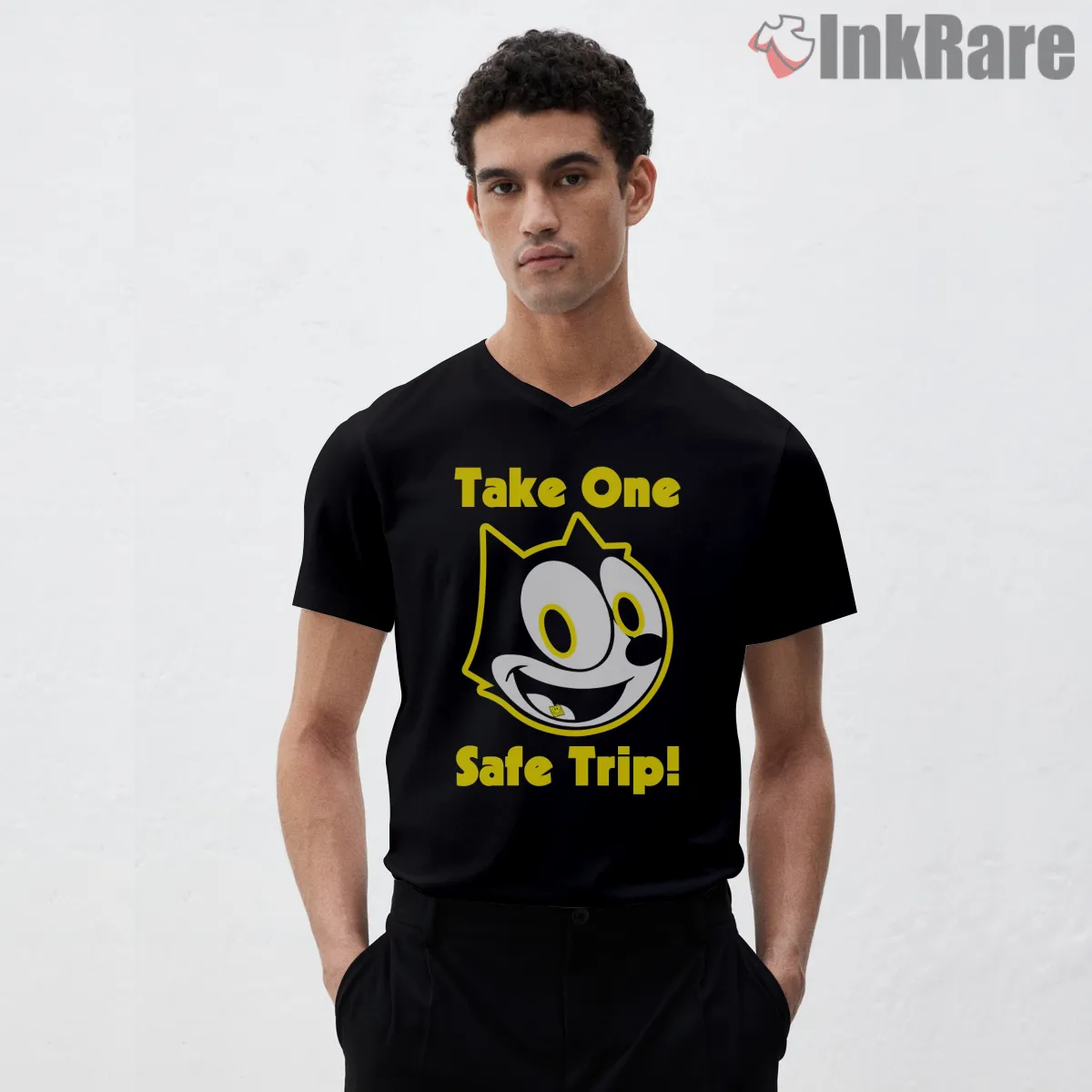 Felix The Cat Take One Safe Trip V Neck Black Felix The Cat Take One Safe Trip Shirt on black v-neck shirt for men graphic tee