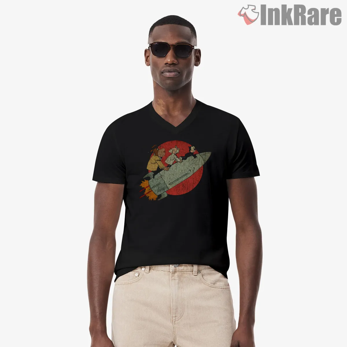 Felix The Cat To The Moon Rocket V Neck Black Felix The Cat To The Moon Rocket Shirt on black v-neck shirt for men graphic tee