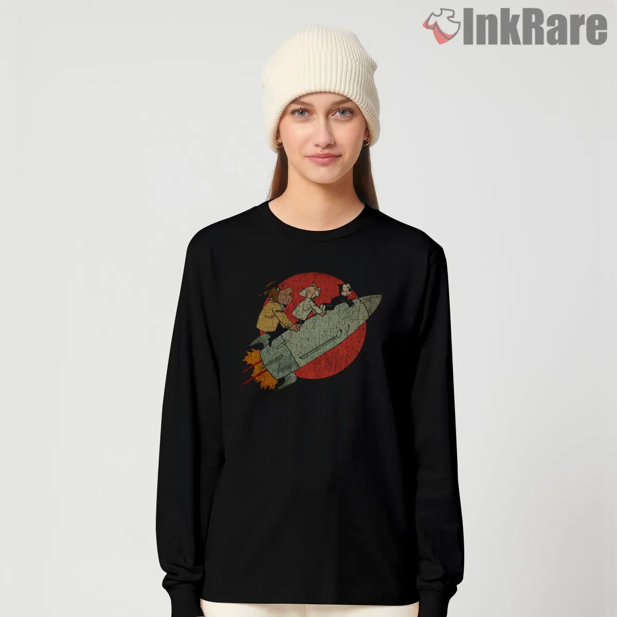 Felix The Cat To The Moon Rocket Long Sleeve Black Felix The Cat To The Moon Rocket Shirt on black long sleeve shirt for women graphic tee