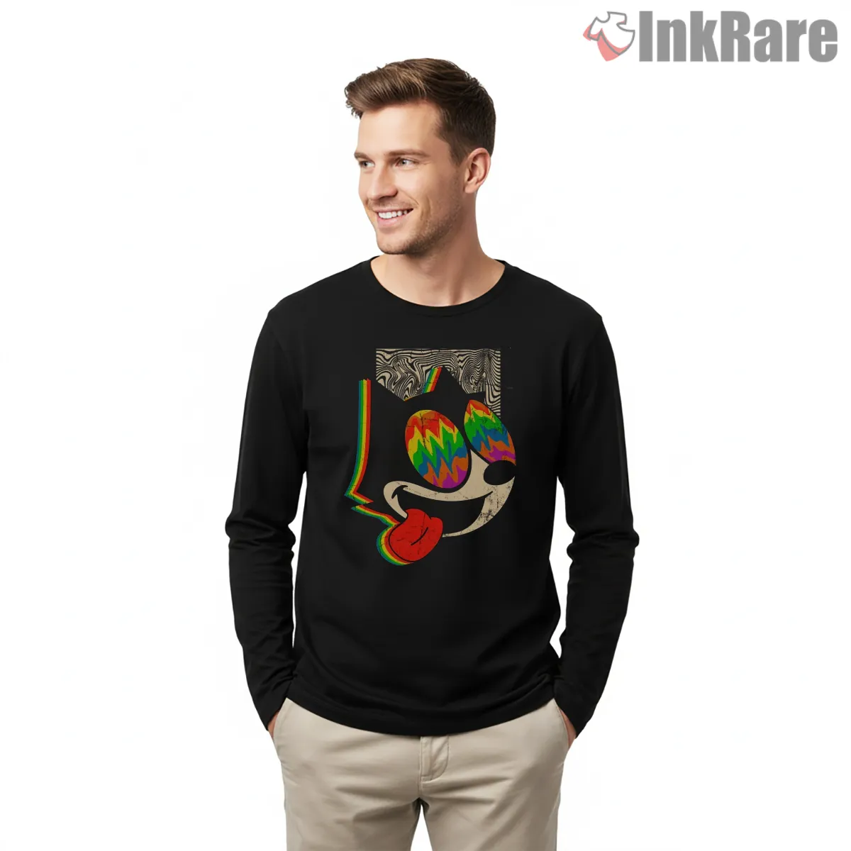 Felix The Cat Trippy Rainbow Eyes Long Sleeve Black Felix The Cat Trippy Rainbow Eyes Shirt on black long sleeve shirt for men graphic tee