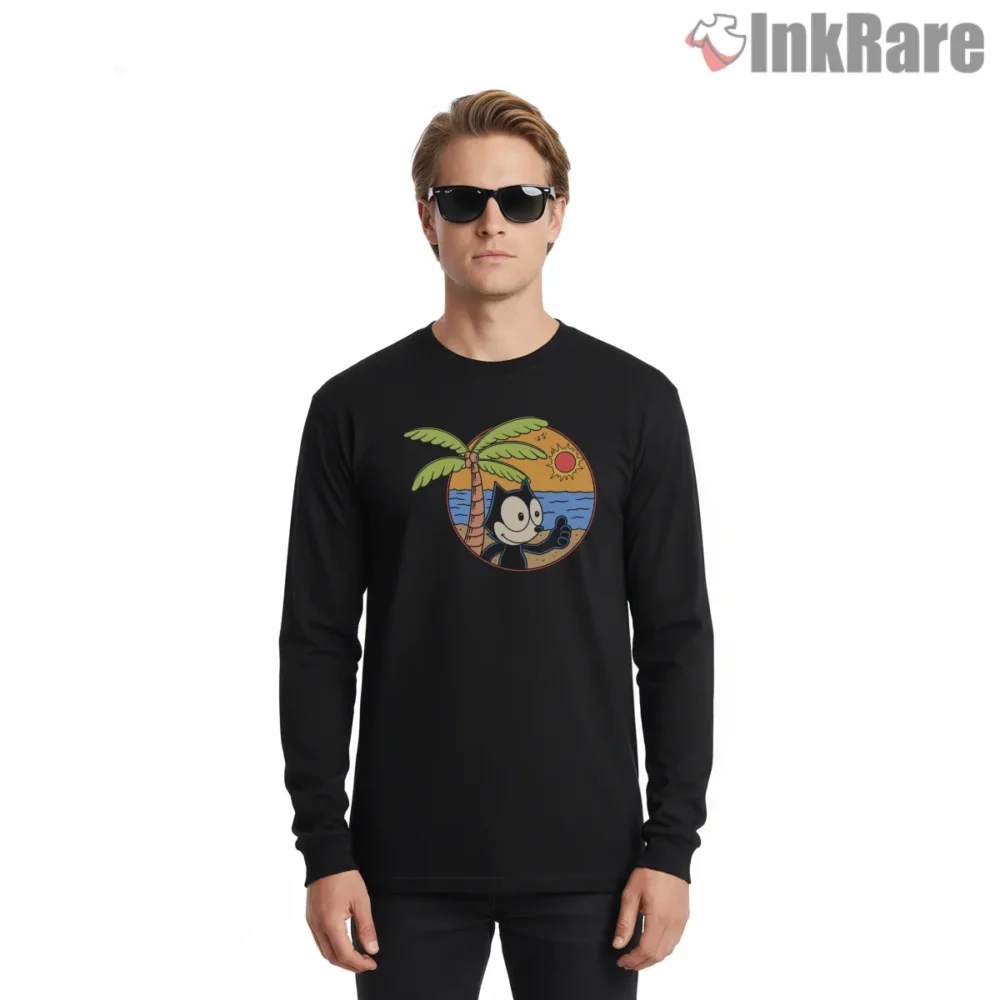 Felix The Cat Tropical Sunrise Beach Shirt on black long sleeve shirt for men graphic tee