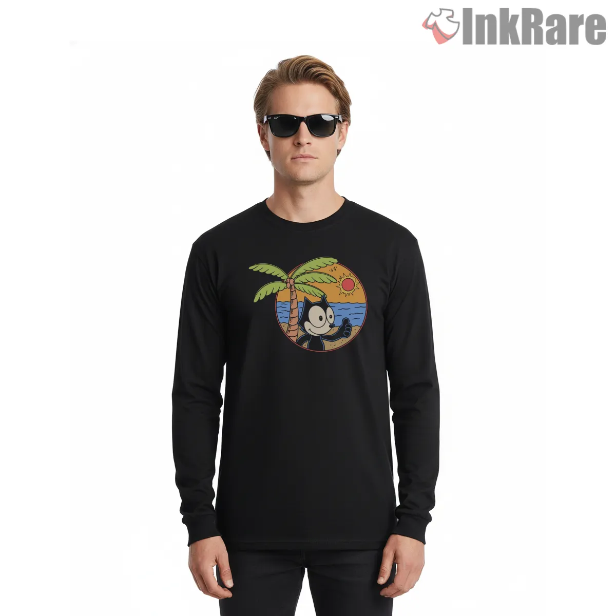 Felix The Cat Tropical Sunrise Beach Long Sleeve Black Felix The Cat Tropical Sunrise Beach Shirt on black long sleeve shirt for men graphic tee