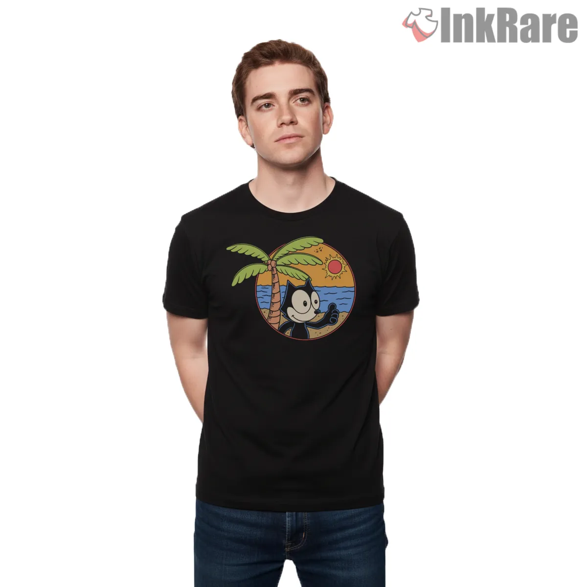 Felix The Cat Tropical Sunrise Beach Shirt on black short sleeve shirt for men graphic tee