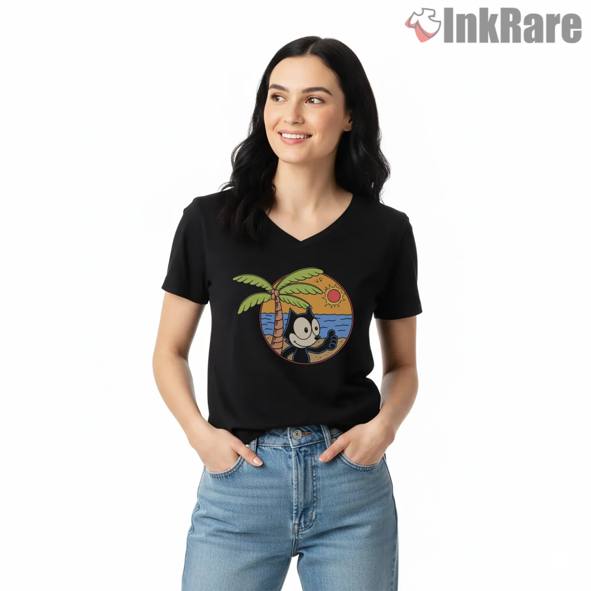 Felix The Cat Tropical Sunrise Beach V Neck Black Felix The Cat Tropical Sunrise Beach Shirt on black v-neck shirt for women graphic tee