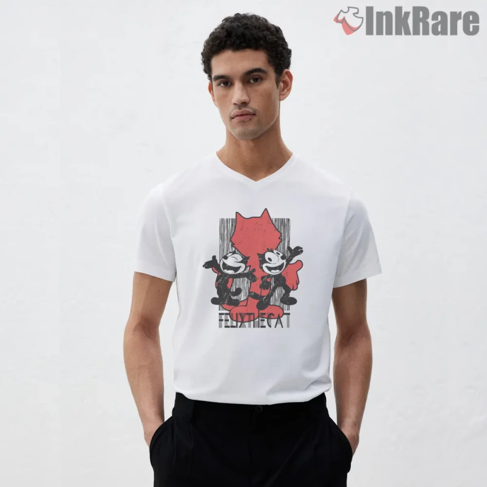 Felix The Cat Twin Fan Collage Shirt on white v-neck shirt for men graphic tee