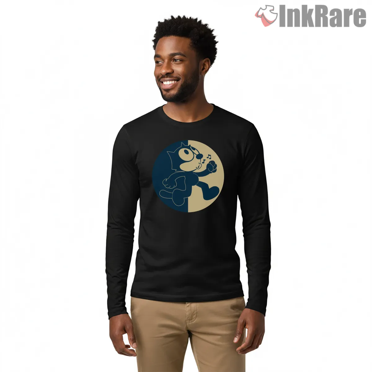 Felix The Cat Two Tone Whistle Walk Shirt on black long sleeve shirt for men graphic tee