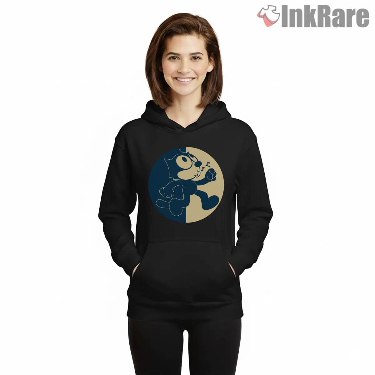 Felix The Cat Two Tone Whistle Walk Hoodie Black Felix The Cat Two Tone Whistle Walk Shirt on black hoodie for women graphic tee